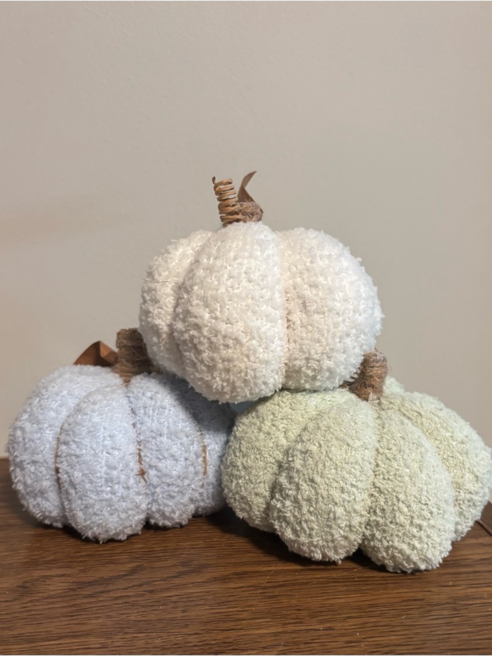 Set of 3 Handmade Boucle Textured Decorative Pumpkins w/ Wrapped Twine Stems